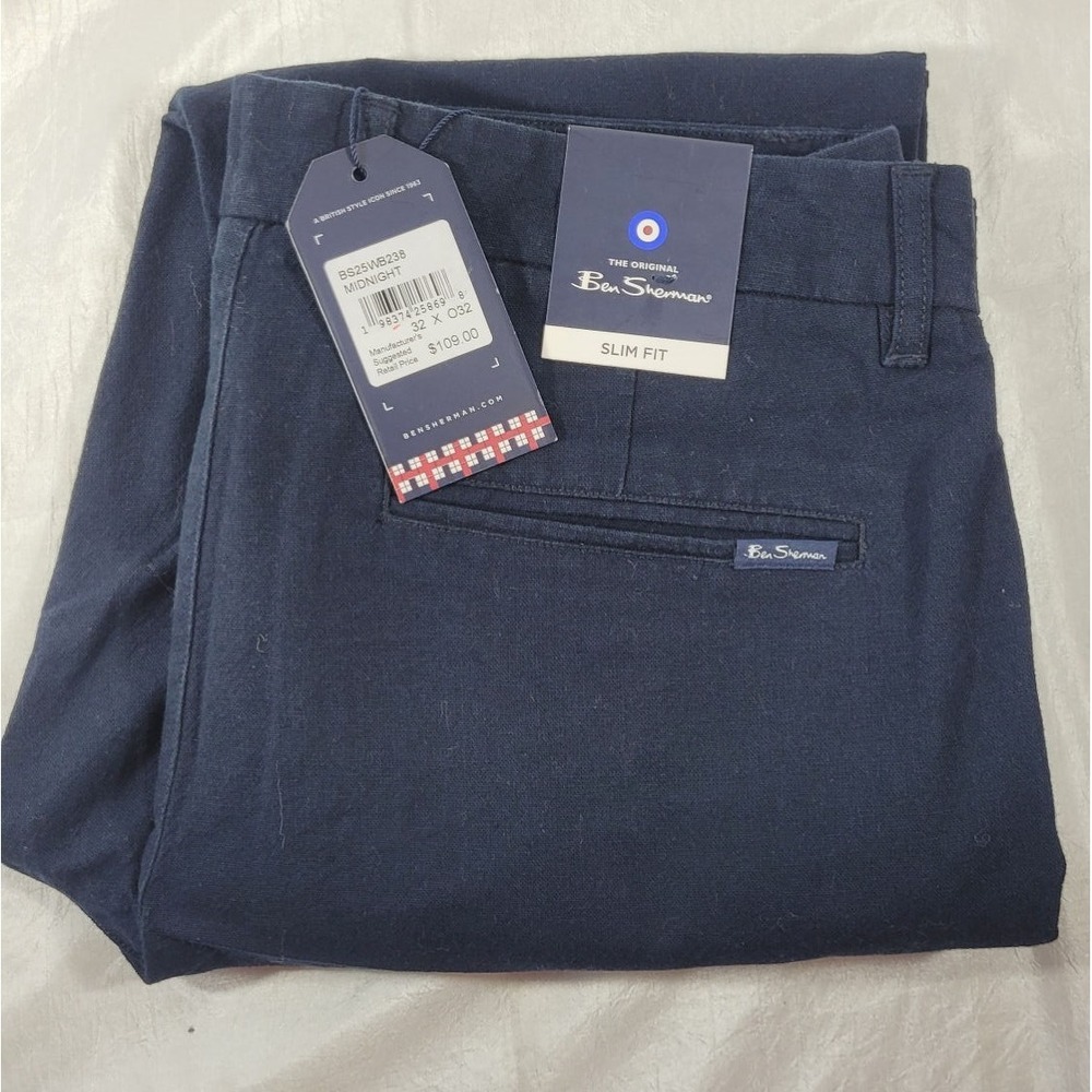 Ben Sherman Men's Linen Blend Slim Fit Pants - Navy Blue - 32x32 (35Wx31L)